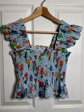 Hill House The Ellie Crop Top Light Blue Space Floral Linen Smocked Ruffle Large
